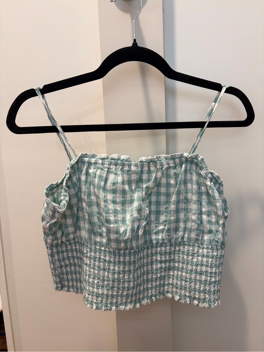 American Eagle Outfitters Light Green Gingham Smocked Crop Cami